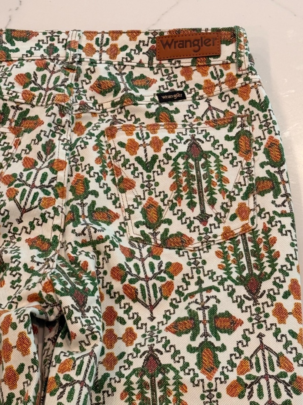 Wrangler High-Rise Fierce Flare Vibrant Printed Jeans in Green & Orange - Picture 6 of 10
